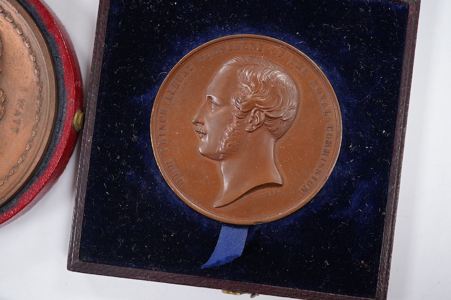 British commemorative medals, James Watt bronze medal, c.1826, 62.3mm, by T. and A.J. Stothard, cased, Wellington created Earl bronze medal, Parliamentary tribute 1812, by T Webb, two Exhibition of the Works of Industry